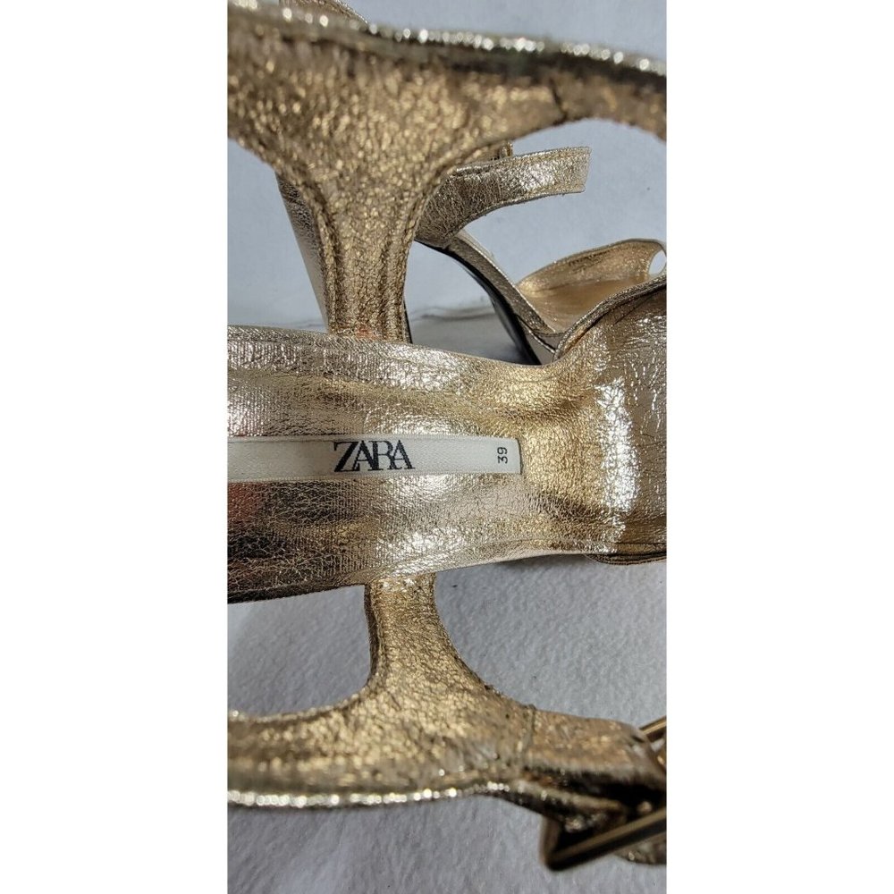 Zara Womens Gold Metallic Platforms Sandals Ultra High Block Heels Size 39 - Picture 11 of 16